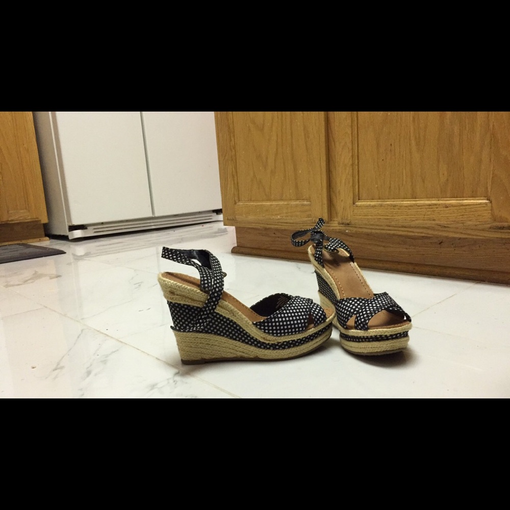 Blue/white Polka Dot Wedge Sandals
Never Worn